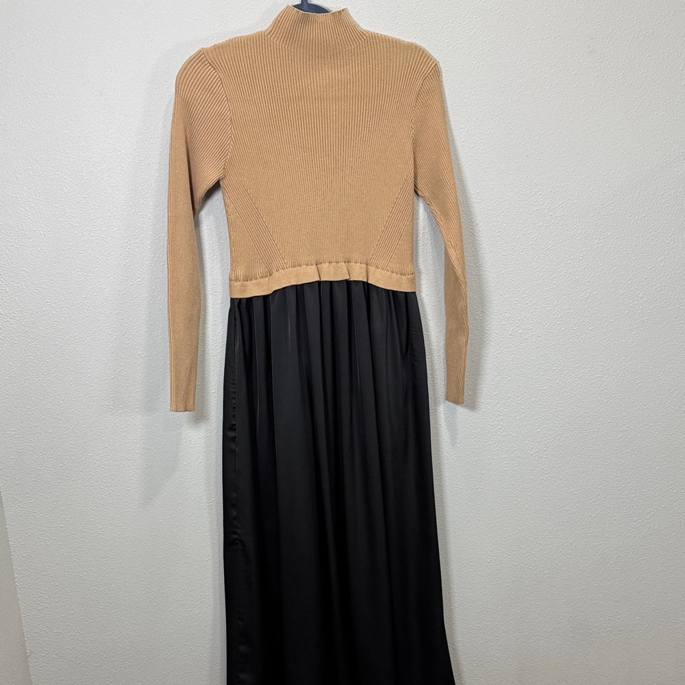 Elegant Tan and Black Women's Dress‎ sweater top satin skirt